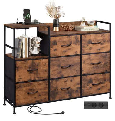 Produktbild von Kommode mit 8 Stoffschubladen Braun 119,6 x 86,1 x 29,7 cm mit Steckdosen