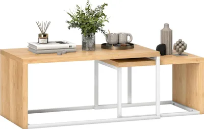 Produktbild von 2er Set Couchtische - Satztische & Beistelltische - Metallgestell - Für Wohnzimmer & Schlafzimmer - Groß 90×48×42 cm, Klein 59×42×36 cm - Natur & Weiß