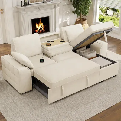 Produktbild von Merax Ecksofa 3-Sitzer mit Schlaffunktion, Stauraum, Klapptisch mit Getränkehaltern & USB, Polstersofa mit verstellbaren Rückenlehnen, Chenille, Beige