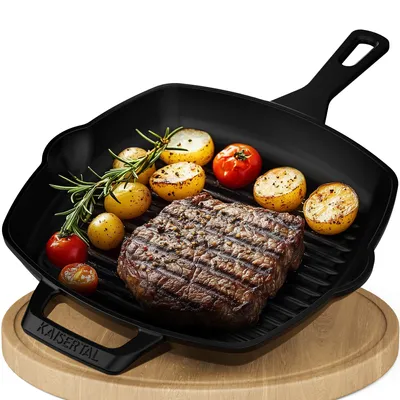 Produktbild von KAISERTAL Grillpfanne emailliert - 27cm Premium Grillpfanne Gusseisen - Gusspfanne ist Induktionsgeeignet, Voreingebrannt und Backofengeeignet