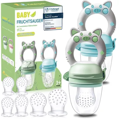 Obrázek produktu pro Dudlíky na ovoce pro kojence, 2 kusy, vhodné od 3 měsíců, bez BPA, zelená + modrá barva, silikonové