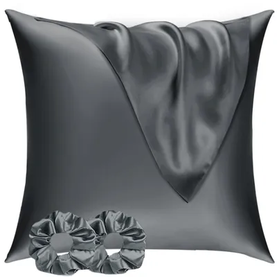 Produktbild von Satinkissenbezug 60x60 cm, 2er-Set, & 2 Haargummis; Satinkissenbezug 60x60 cm, dunkelgrau; Seidenweicher Kissenbezug 60x60 cm; Pflegeleichter als ein Seidenkissenbezug; Kissenbezug für Haar und Haut
