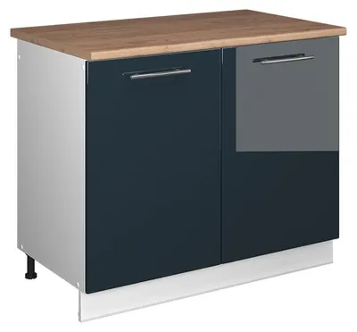Image de Meuble bas sous-évier Vicco Fame-Line Bleu foncé brillant/Blanc 100cm, PT Chêne, Model 61915