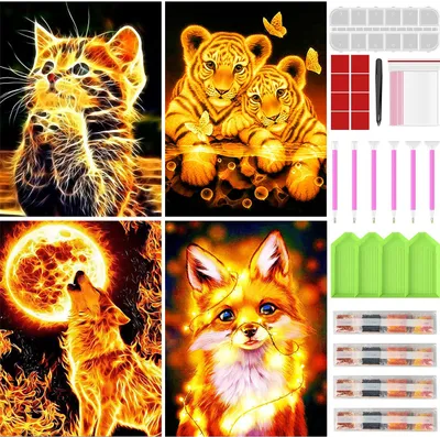 Produktbild von Diamond Painting Set, 4er Tiere Diamond Painting Katze Tiger Fuchs Wolf Bilder Mit Diamond Painting Zubehör (30x40cm)