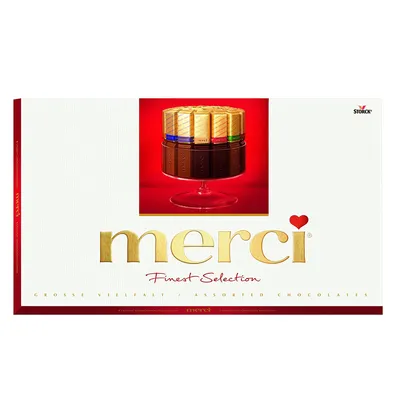A box of Merci Finest Selection assorted chocolates.