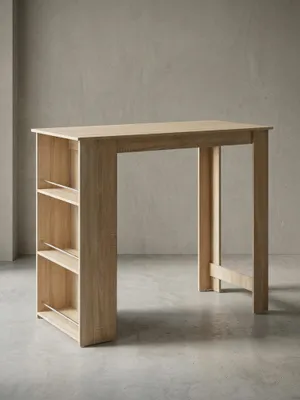 Freistehender Bartisch Sonoma Eiche mit integriertem Regal vor weißem Hintergrund. Die klare Linienführung und das asymmetrische Design mit drei Fächern zeigen moderne Funktionalität._#sku_BARWL5.733#