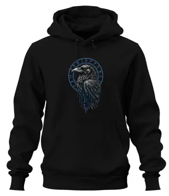 Productafbeelding van Wikinger Rabe Runen Odin Hugin Munin Noorse Valhalla Hoodie, Zwart, Maat L