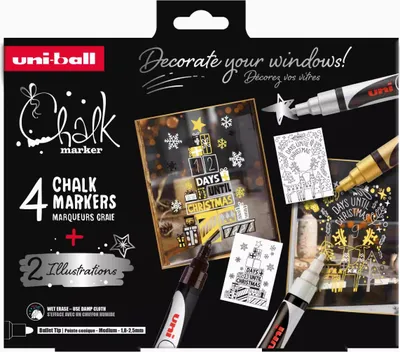 Zdjęcie produktu dla uni-ball PWE-5M 4PSETN02 uni-ball marker kredowy Marker kredowy, 4-pak pudełko świąteczne SCANDI