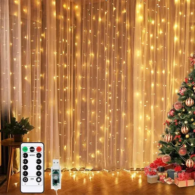 LED-Vorhanglichter 3x3 m, 300 LEDs, warmweiß, USB, Fernbedienung