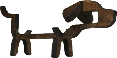A wooden dog-shaped wine rack.
