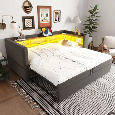 Image de OKWISH Lit Gigogne 90/180x190 cm - Lit Gigogne Simple avec Tiroirs de Rangement et Éclairage LED, Flanelle - Gris Foncé