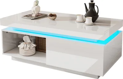 Produktbild von STILVORA Couchtische, Beistelltische, Wohnzimmertisch, Hochglanz Satztisch mit LED-Licht,Rechteckiger-Beistelltisch Kaffeetisch mit Schubladen, Weiß
