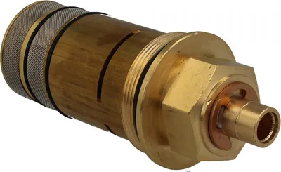 A close-up studio shot of a brass plumbing cartridge.