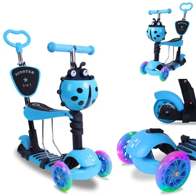Produktbild von Habib 5-in-1 Kinderroller mit Rückenlehne – Abnehmbarer Sitz, LED-Räder & höhenverstellbarer Lenker. Ideal für 2-8 Jahre. Blau