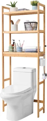Image de SucceBuy Étagère de rangement à 3 niveaux au-dessus des toilettes, organisateur de salle de bain réglable en bambou avec 3 crochets, économiseur d'espace autonome pour le linge, s'adapte à la plupart des toilettes, montage facile