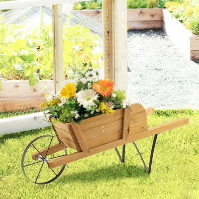 Produktbild von COSTWAY Blumenwagen, Pflanzwagen mit 9 magnetischen Zubehörteilen & 1 Eisenrad & 2 Griffen, Blumenkarre aus Kiefernholz für Innen- & Außenbereich, 5kg belastbar (Walnuss)