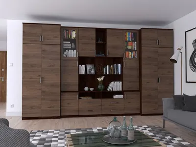 Produktbild von Meblast | Sawa Wohnwand; Dunkles Sonoma / Okapi Nussbaum - Premium Beschläge | Möbel, Kombination, Premium TV-Möbel, Große Anbauwand, Schrankwand, Wohnzimmer-Set, Sonoma Eiche