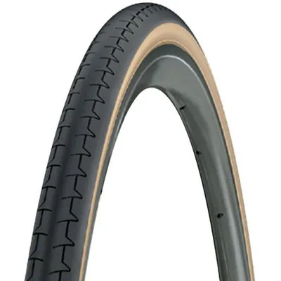 A close-up studio shot of a bicycle tire mounted on a rim.