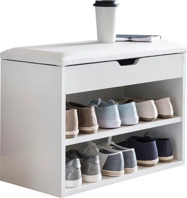 Produktbild von Famanu Sitzbank mit Stauraum - Weiß - Kleine gepolsterte Holzbank für den Flur - 60 x 40 x 30 cm