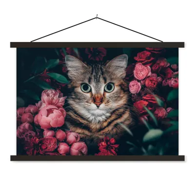Produktbild von MuchoWow® Textilposter Katze - Blumen - Blätter - Botanisch 90x60 cm mit schwarzem Rahmen - Aufhängungssatz