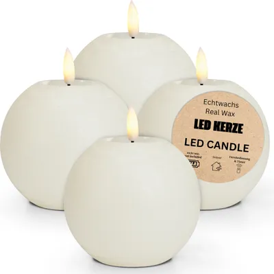 Produktbild von LED Kerze Kugeln 4er Set Wachs, Flackernde Flamme, Ø 7x18 cm, Weiß