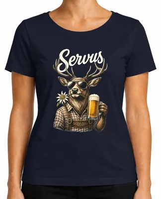 Productafbeelding van Servus Hirsch Edelweiß Bier, , traditioneel kledingstuk, herenhemd, lederen broek, dames T-shirt, marineblauw, maat M