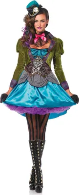 A woman wearing a deluxe Mad Hatter costume.
