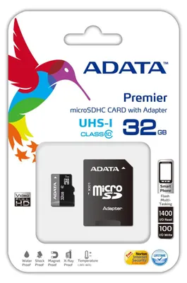 Zdjęcie produktu dla Karta pamięci ADATA Premier microSDHC UHS-I U1 Class 10 32 GB (32 768 MB), Micro Secure Digital High-Capacity (MicroSDHC), prędkość odczytu 30 MB/s, wersja próbna programu Norton Internet Security, waga 0,25 g, grubość 11 mm