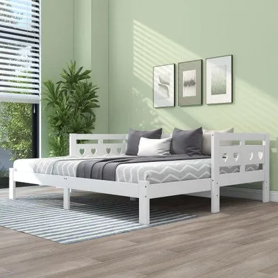 Produktbild von Romantisches Herzform Ausziehbett aus Massivholz, Vielseitiges Tagesbett für Tag & Nacht, Inkl. 2. Schlafplatz, Weiß, 240kg Belastung, 90x200cm