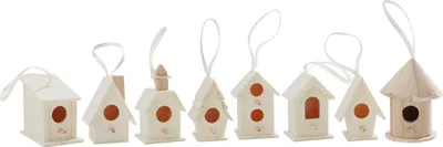 Produktbild von VBS Deko-Vogelhäuser "Minis", 8-er Set, Rohholz, von ca. B 3,5-4,5cm, H 5-6,5 cm