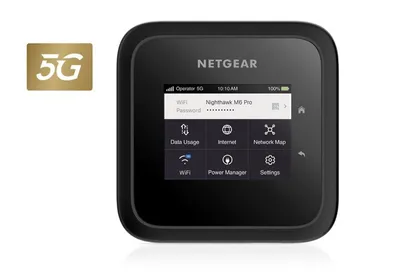 A black NETGEAR Nighthawk M6 Pro 5G mobile hotspot is shown against a white background, with a gold 5G logo in the upper left corner. The device's screen displays various menu options.