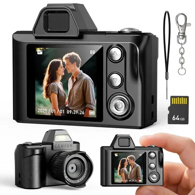 Produktbild von Mini Digitalkamera Retro Kamera mit 1080P HD, 64GB Speicherkarte, kompakte Taschen Kamera mit Schlüsselanhänger für Reisen, Vlog und Alltag