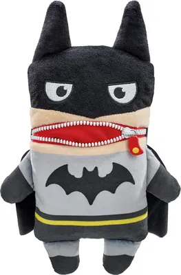A stuffed toy resembling Batman with a zipper for a mouth.