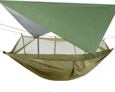 Obrázek produktu pro Camping Hammock se zipem Mosquito Net a Canopy, 300kg nosnost Hammocks prodyšné Mosquito Net Rychlé sušení padáku plachta pro kempování Hiking Travel Yard (Army Green Hammock + Green Canopy )