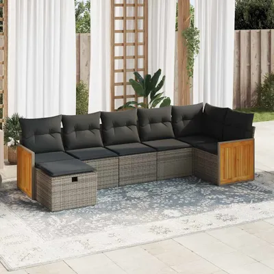 Produktbild von Design 7-tlg. Garten-Sofagarnitur mit Kissen Grau Poly Rattan, Gartenmöbel-Sets 2024 Neu