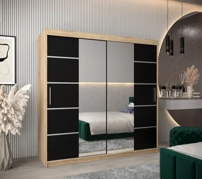 Produktbild von Schrank mit Spiegeln VIVIEN – Breite 200 cm, Eiche Sonoma / Schwarz