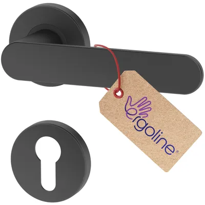 A black door handle set with a keyhole escutcheon and a branded tag.
