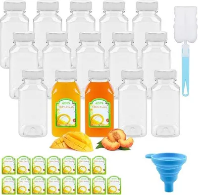 Zdjęcie produktu dla Zestaw 15 butelek na sok, pojemność 250 ml - przezroczyste, wielokrotnego użytku butelki plastikowe - z zakrętkami, naklejkami i akcesoriami
