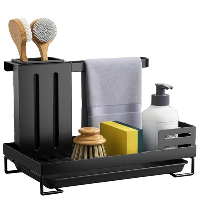 Produktbild von Küchenorganizer-Set Spülbecken Küchen Organizer mit Abflusspfanne Utensilien Korb Waschbecken Schwammablage Spüle Organizer für Küche & Badezimmer