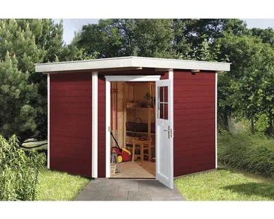 Produktbild von WEKA 229.2424.13400 Gartenhaus/Blockbohlenhaus Quinta mit Einzeltür ; Größe: 2 ; Farbgebung: Schwedenrot ; Wandstärke: 21 mm ; Maße (LxBxH): 239 cm x 235 cm x 217 cm ; Seitenwandhöhe: 197 cm