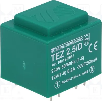 Obrázok produktu pre 1x Transformátor: 12V, 2,5VA, 230VAC, 208,3mA. Montáž: TEZ2.5/D230/12V -T