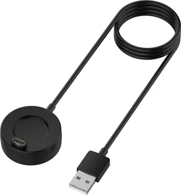 A black smartwatch charging cable with a USB-A connector and a round charging base with a USB-C port.