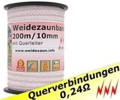 Produktbild von Weidezaun Band 200M, 10Mm, 1X0,3 Kupfer + 3X0,2 Niro, Weiß-Rot 3***
