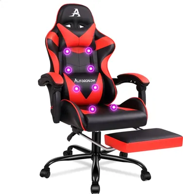 Produktbild von ALFORDSON Gamer-Stuhl,Gaming-Stuhl mit Einziehbarer Fußstütze, Racing-Sessel mit 8 Massagepunkten,150° Neigung, Ergonomischer Chefsessel,Kunstleder, Rot