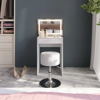 Zdjęcie produktu dla Stół do toalety Vicco Sherry Biały/biały wysoki połysk 51.4 cm z lustrem LED i stołkiem, Model 57673