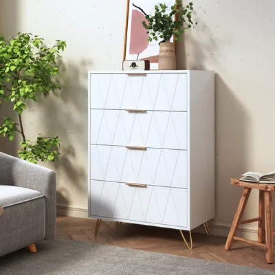 Produktbild von ProximaX Kommode mit 4 Schubladen, Kommode, hohe Aufbewahrung, Kommode mit Metallbeinen, kleine Kommode für Schlafzimmer, Wohnzimmer, Schrank, Flur, weißer