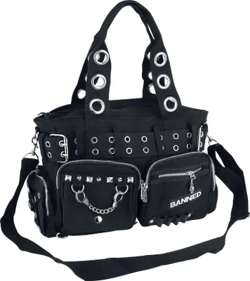 A black handbag with silver hardware and multiple pockets.