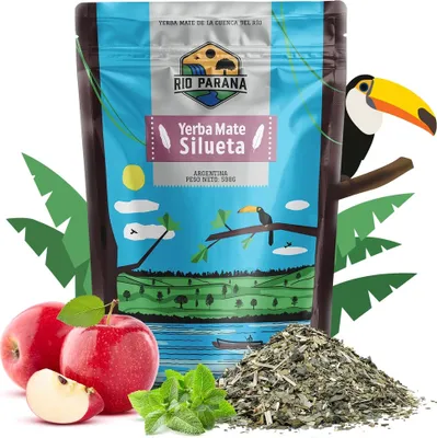 Immagine prodotto di Rio Parana - Tè Mate Silueta 500 g - Miscela di erbe con tè verde - Essiccato all'aria - Poco polveroso - Yerba argentina - Invecchiato almeno 1 anno