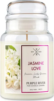 Obrázok produktu pre Vonná sviečka Purple River Jasmine Love, ručne liata, sójový vosk, 623 g, doba horenia 140 hodín, sklenený pohár, 2 bavlnené knôty