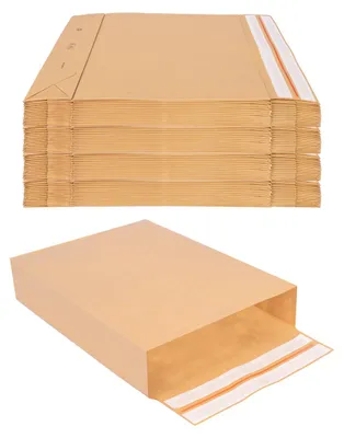 Produktbild von 100 Faltentaschen 450x350x120 mm mit Klotzboden, doppelte Haftklebung und Aufreißfaden Versandtasche